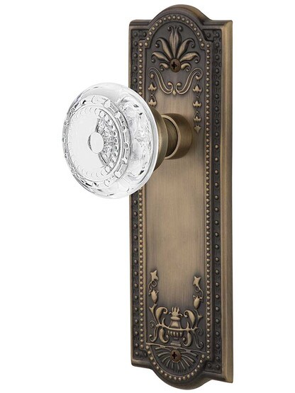 Meadows Door Set with Matching Crystal-Glass Knobs Single Dummy in Antique Brass.
